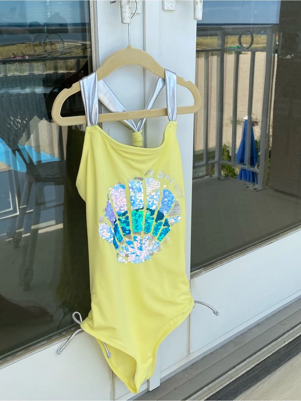 Justice Girls Yellow One-Piece Swimsuit with Silver Shell Accent
